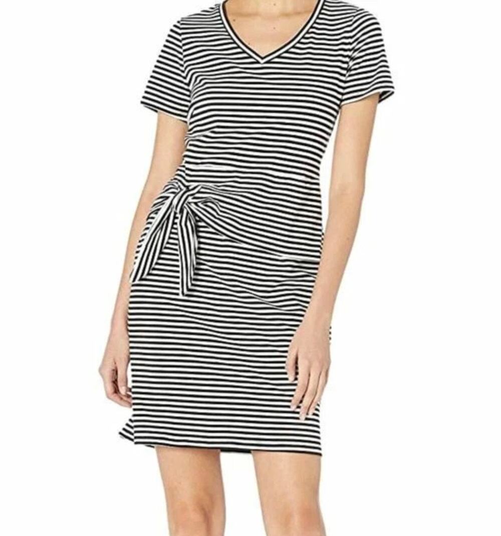 Tribal Femme Dress Large Womens Black White Striped Tie Knotted Mini V-Neck New